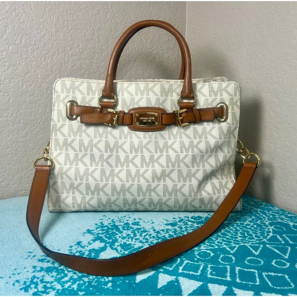 Michael Kors Hamilton Satchel Vanilla Monogram Logo Leather Trim Handbag Large